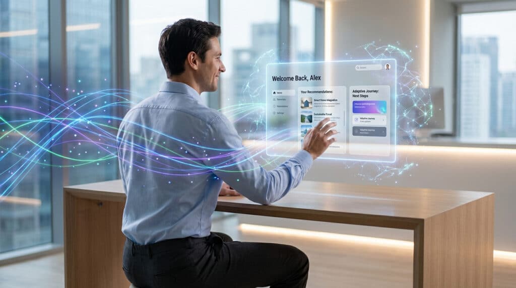 Man interacts with a personalized holographic interface, showing AI-driven recommendations and data flow in a modern, bright office.