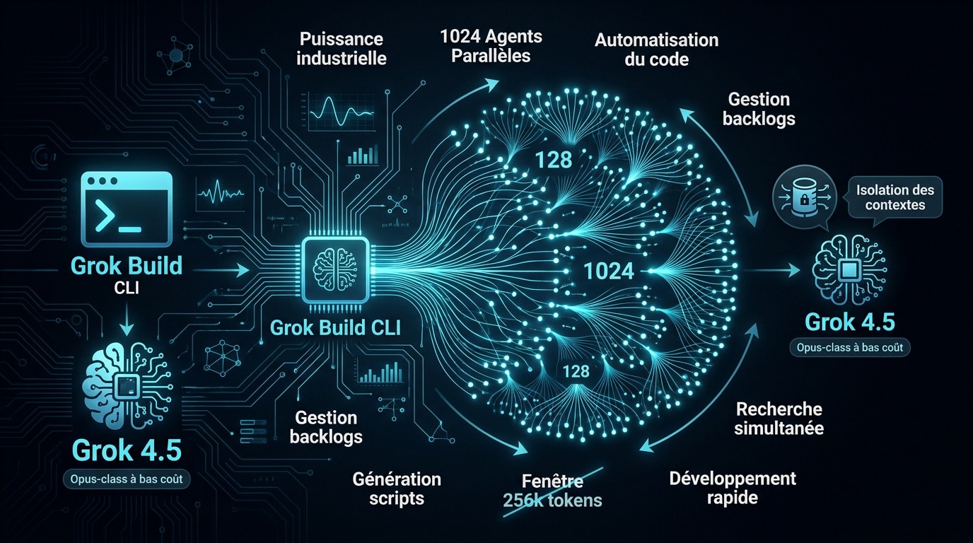 Architecture d'orchestration multi-agents SpaceXAI Grok Build et modèle Grok 4.5