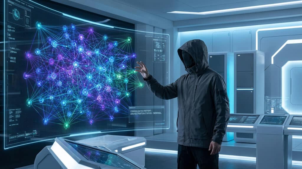 Un utilisateur en sweat à capuche interagit avec une interface holographique affichant un réseau complexe de nœuds connectés.