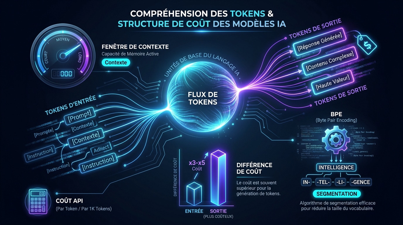 Schéma explicatif de la tokenisation et de la structure de coût des API d'intelligence artificielle