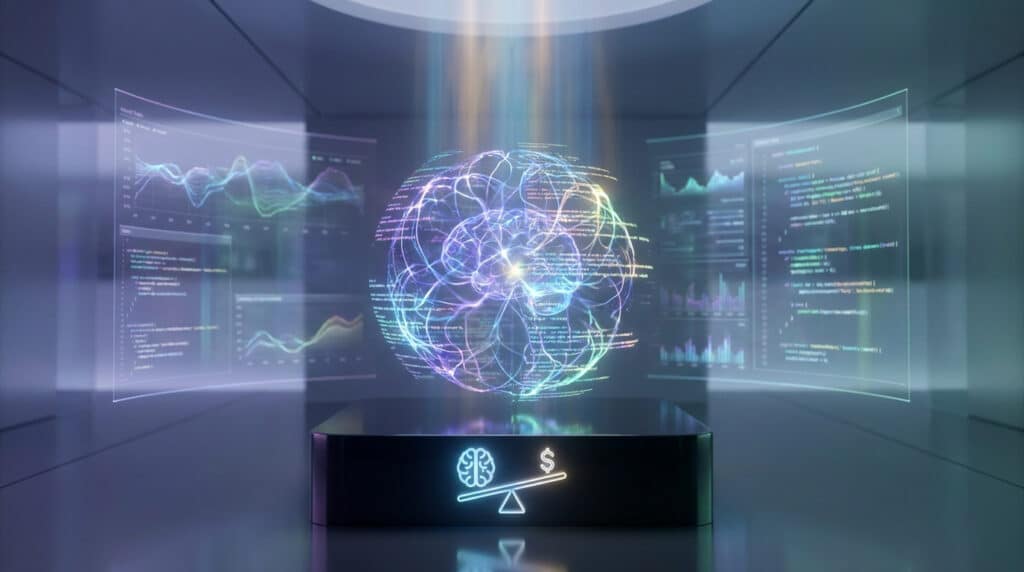 Cerveau numérique holographique au-dessus d'une balance illustrant l'équilibre entre technologie IA et coût économique.