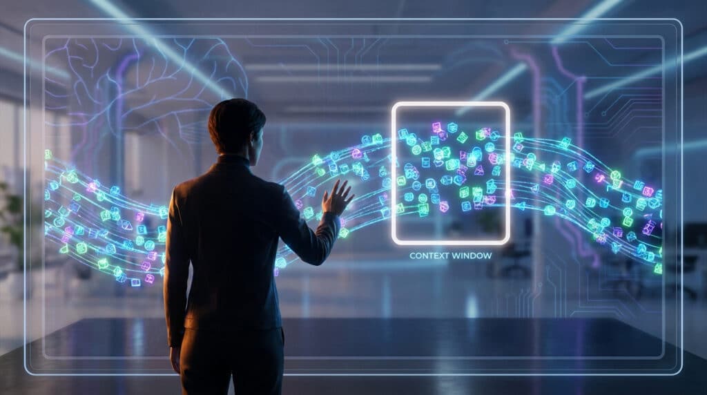 Une personne interagit avec une interface holographique représentant un flux de données et une fenêtre de contexte IA.