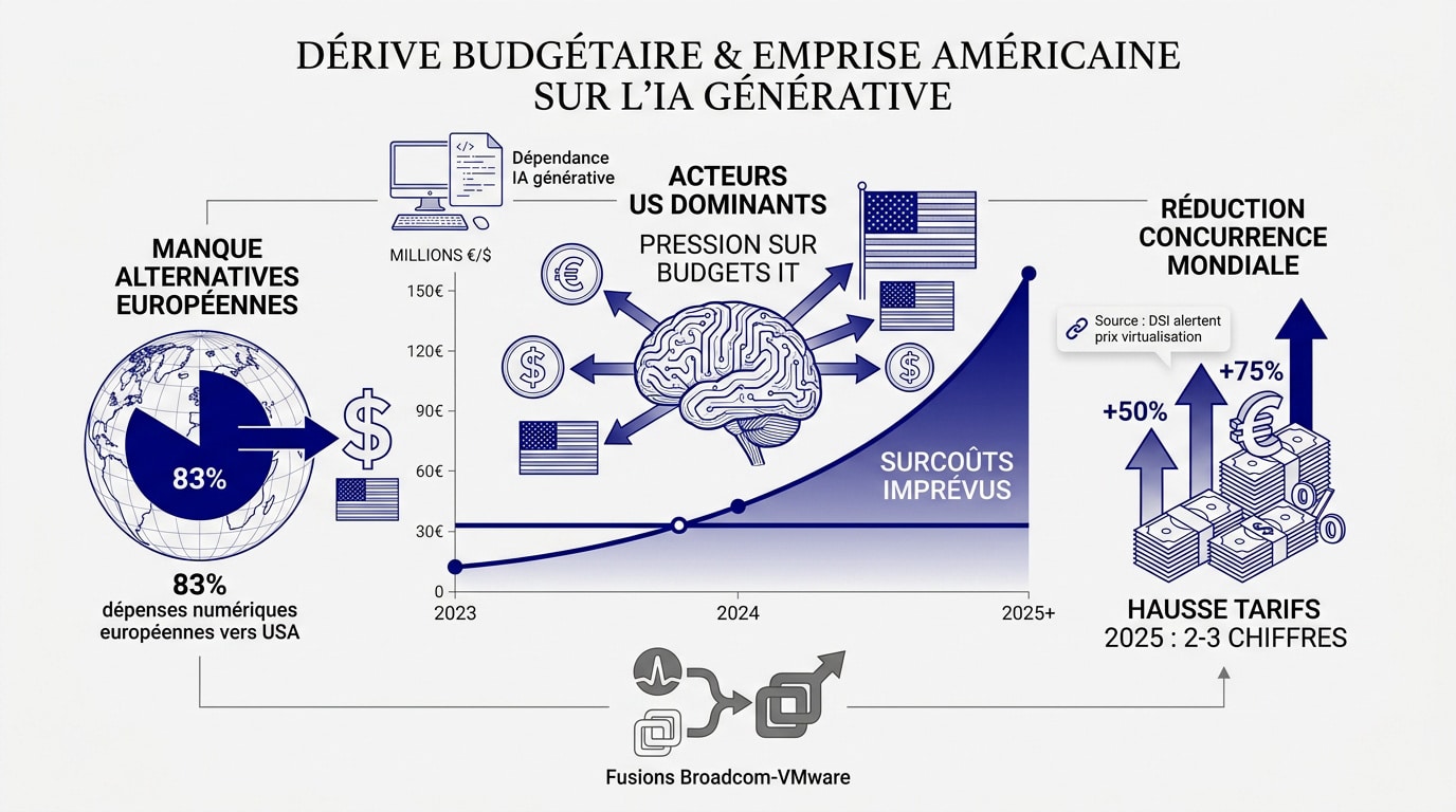 Graphique illustrant la hausse des coûts de l'IA générative et la dépendance aux fournisseurs américains