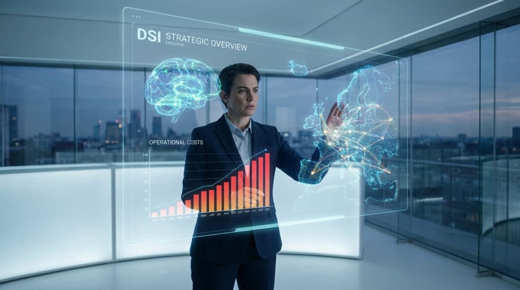 Une femme d'affaires dans un bureau moderne interagit avec une interface numérique holographique affichant des données.