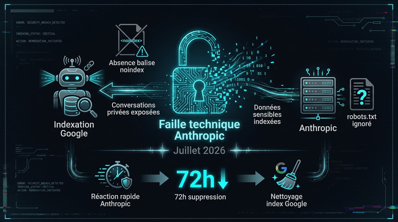 Représentation de la faille de sécurité d'Anthropic et de l'exposition des données sur les moteurs de recherche