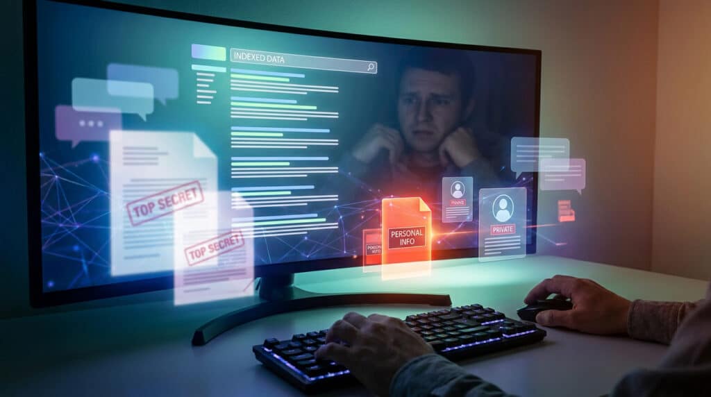 Un utilisateur devant un écran affichant des données confidentielles, des documents top secret et des profils privés.