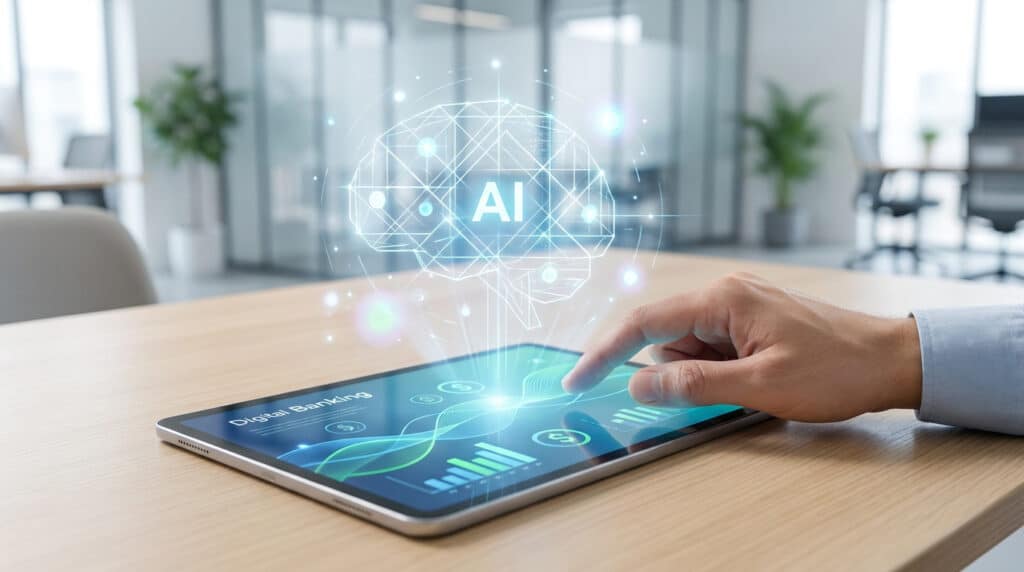 Une main utilise une tablette affichant des données financières avec un hologramme de cerveau en intelligence artificielle.