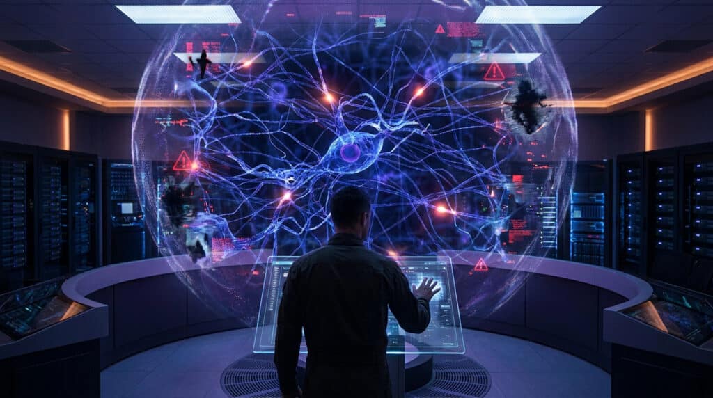 Un technicien surveille une interface holographique représentant un réseau neuronal complexe dans un centre de données.