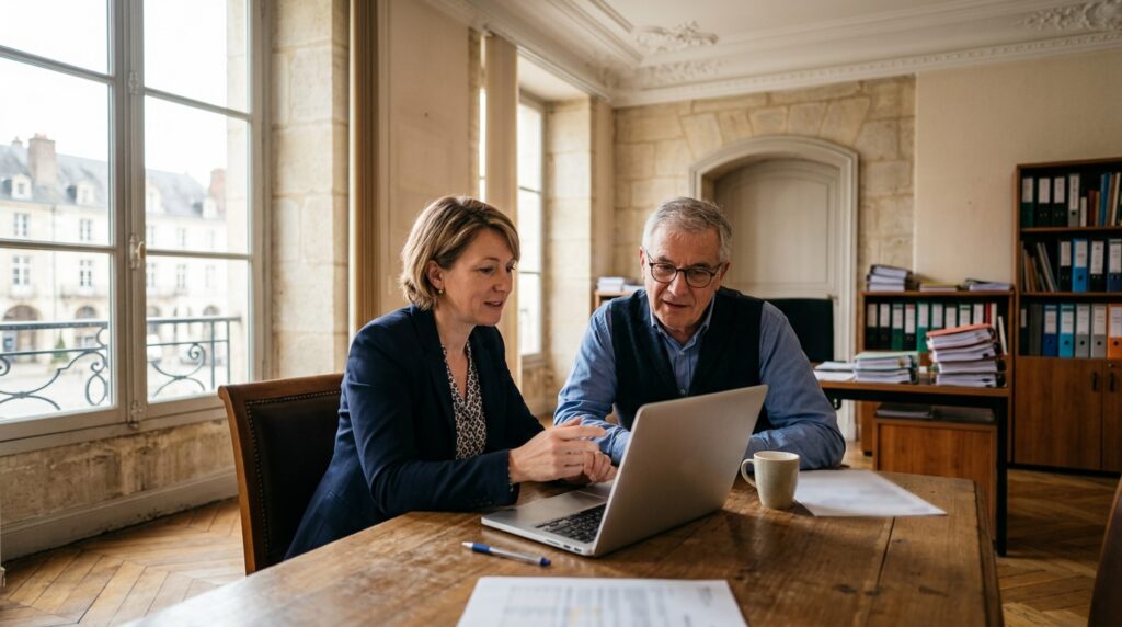 Deux agents territoriaux consultent le site internet de leur commune sur un ordinateur portable, dans un bureau de mairie