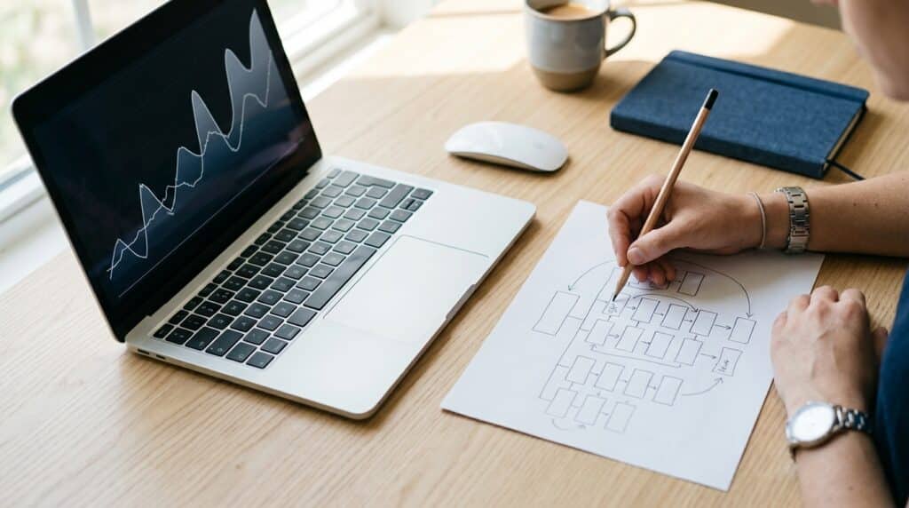 Bureau avec ordinateur portable affichant une courbe de trafic et un plan de site annoté au crayon pour préparer la migration d'une refonte WordPress