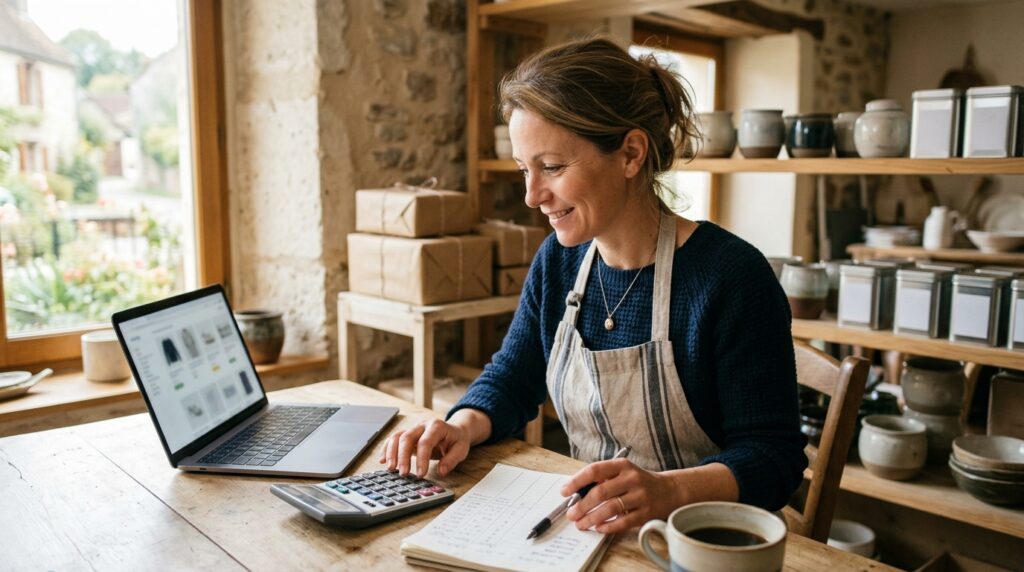 Commer&ccedil;ante qui compare le co&ucirc;t de sa boutique en ligne avec un ordinateur portable et une calculatrice dans son atelier